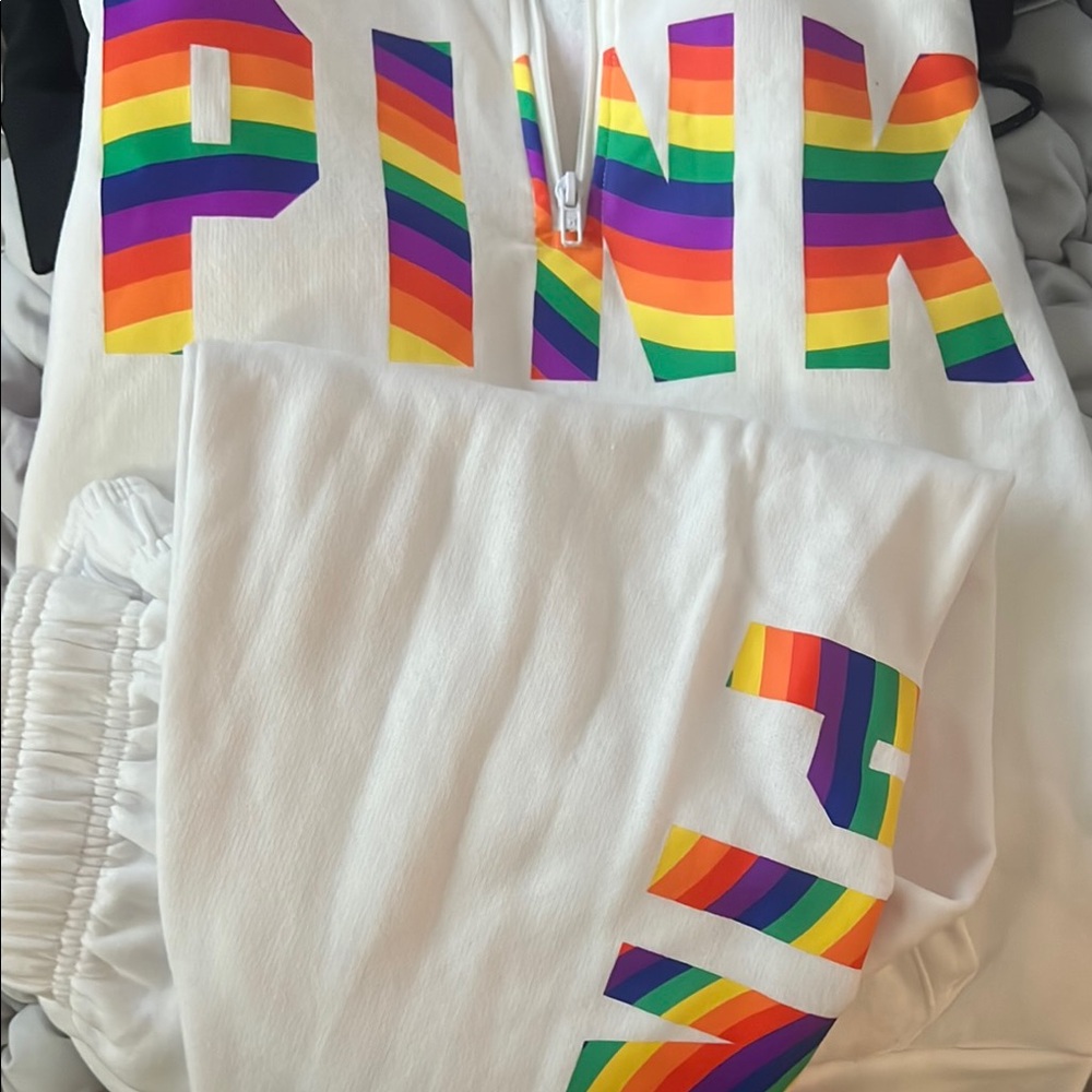 White Sweatshirt and Sweatpants Set with Rainbow Lettering